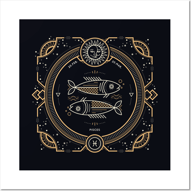 Pisces Zodiac Gold White with Black Background Wall Art by susannefloe